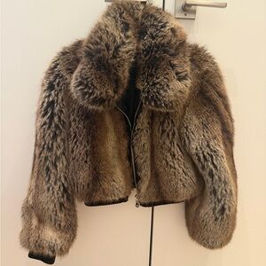 Brown Cropped Faux Fur Bomber Jacket